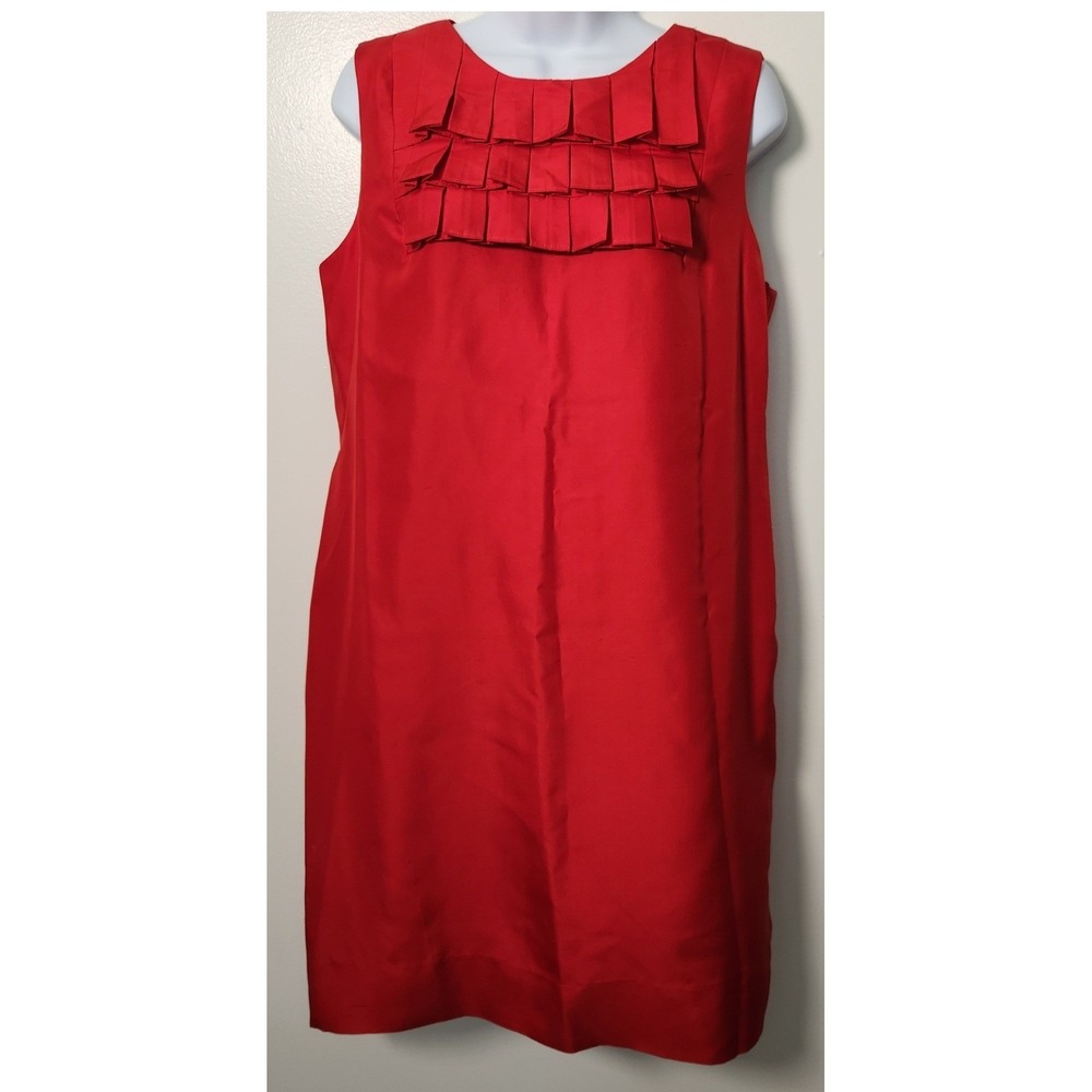 Taylor 100% Silk Red Shift Dress Sz 10 Sleeveless Tiered Ruffled Neck Lined Zip